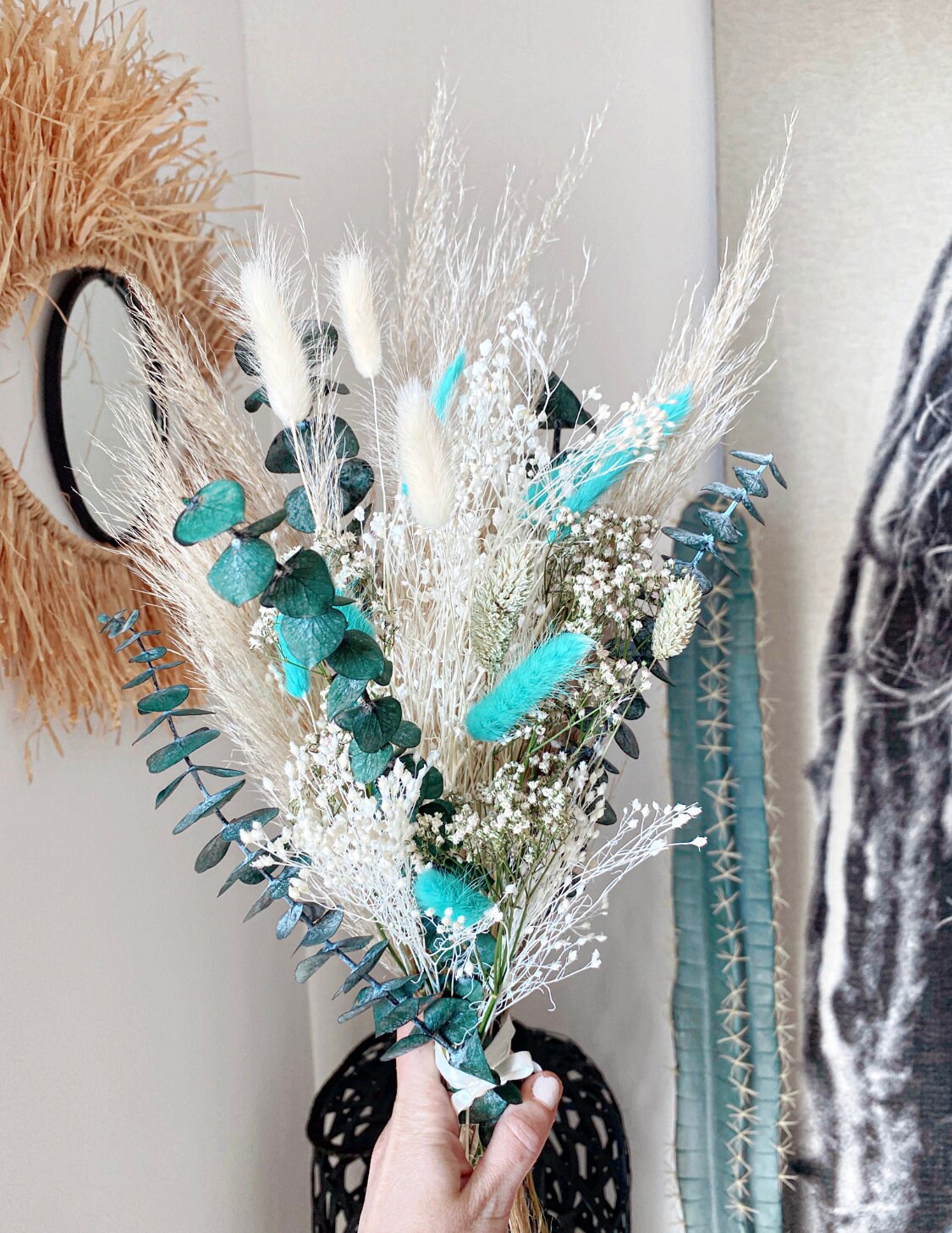 Bouquet de Fleurs Séchées - Beige, Turquoise et Vert Décoration d'intérieur, Bouquet Mariage, Pacs