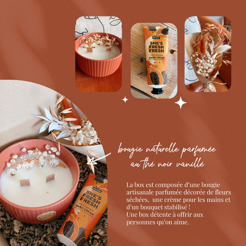 Box à offrir Bougie naturelle, crème pour les mains & bouquet Cire de soja Fleurs séchées Boîte cadeau image 3
