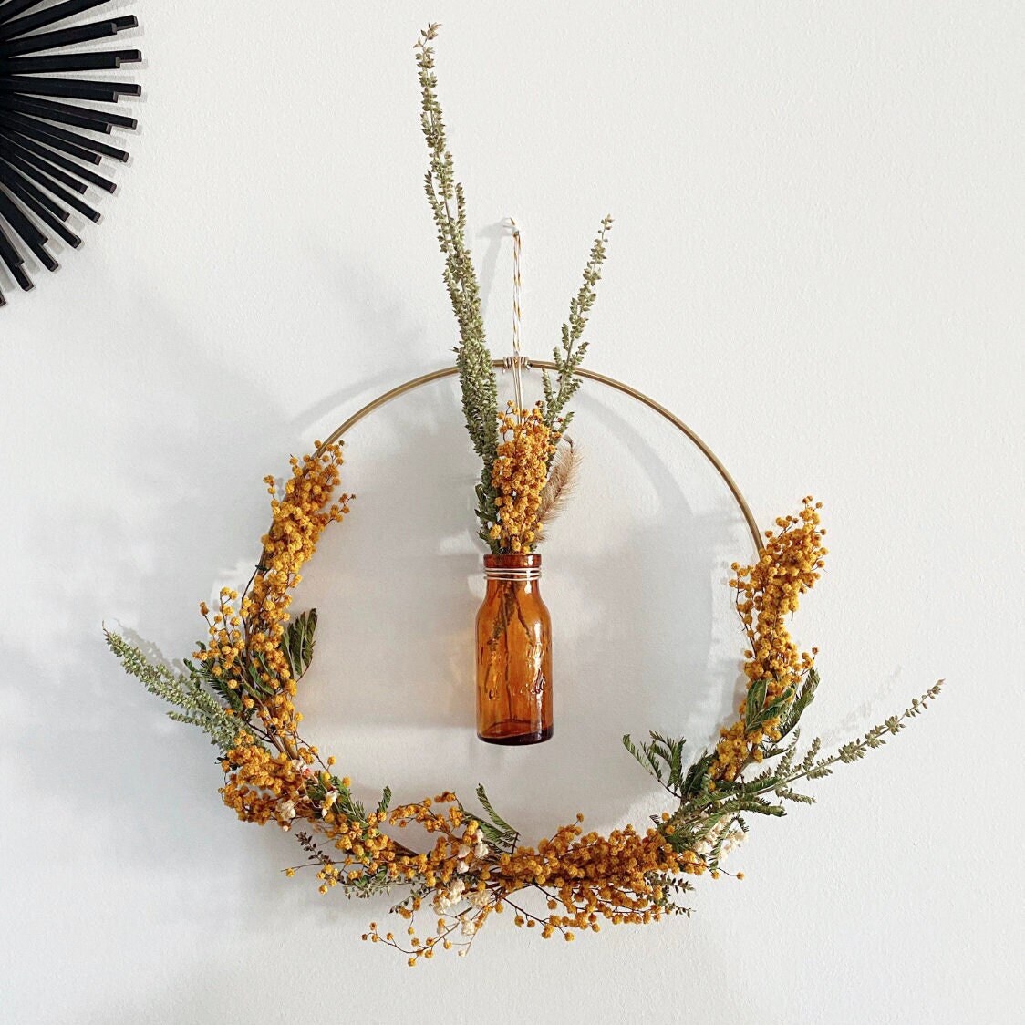 Couronne Murale Fleurs Séchées Mimosa - Soliflore Ancien Décoration Murale