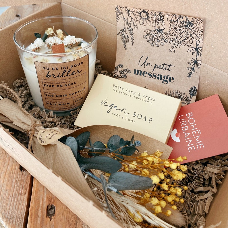 Box cadeau Bougie naturelle & bouquet Cire de soja Fleurs séchées Remerciement, cadeau copine Boîte cadeau image 1