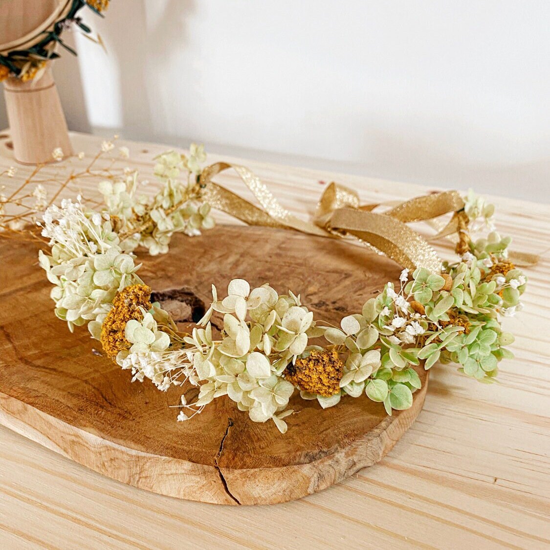 Couronne de Fleurs Séchées Bohème - Hortensias & Achillée Couronne Mariage, Couronne Cérémonies