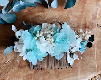 Peigne en fleurs stabilisées - Blanc & bleu turquoise - Coiffure mariage, baptême, cérémonies