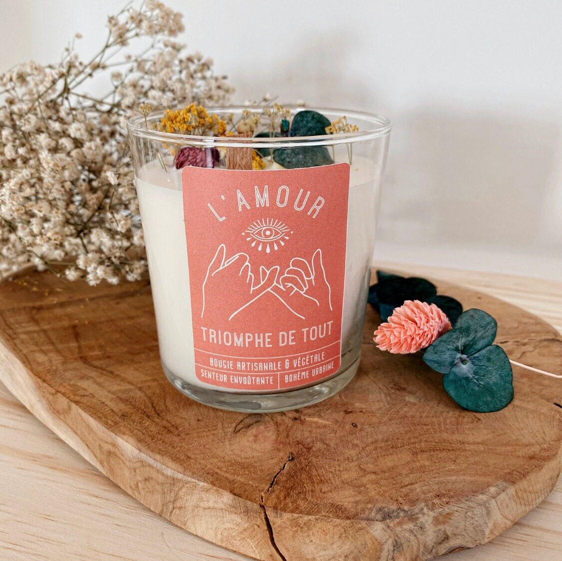 Bougie Artisanale à La Cire de Soja Naturelle - L'amour Triomphe Tout Parfum Monoï Vanillé