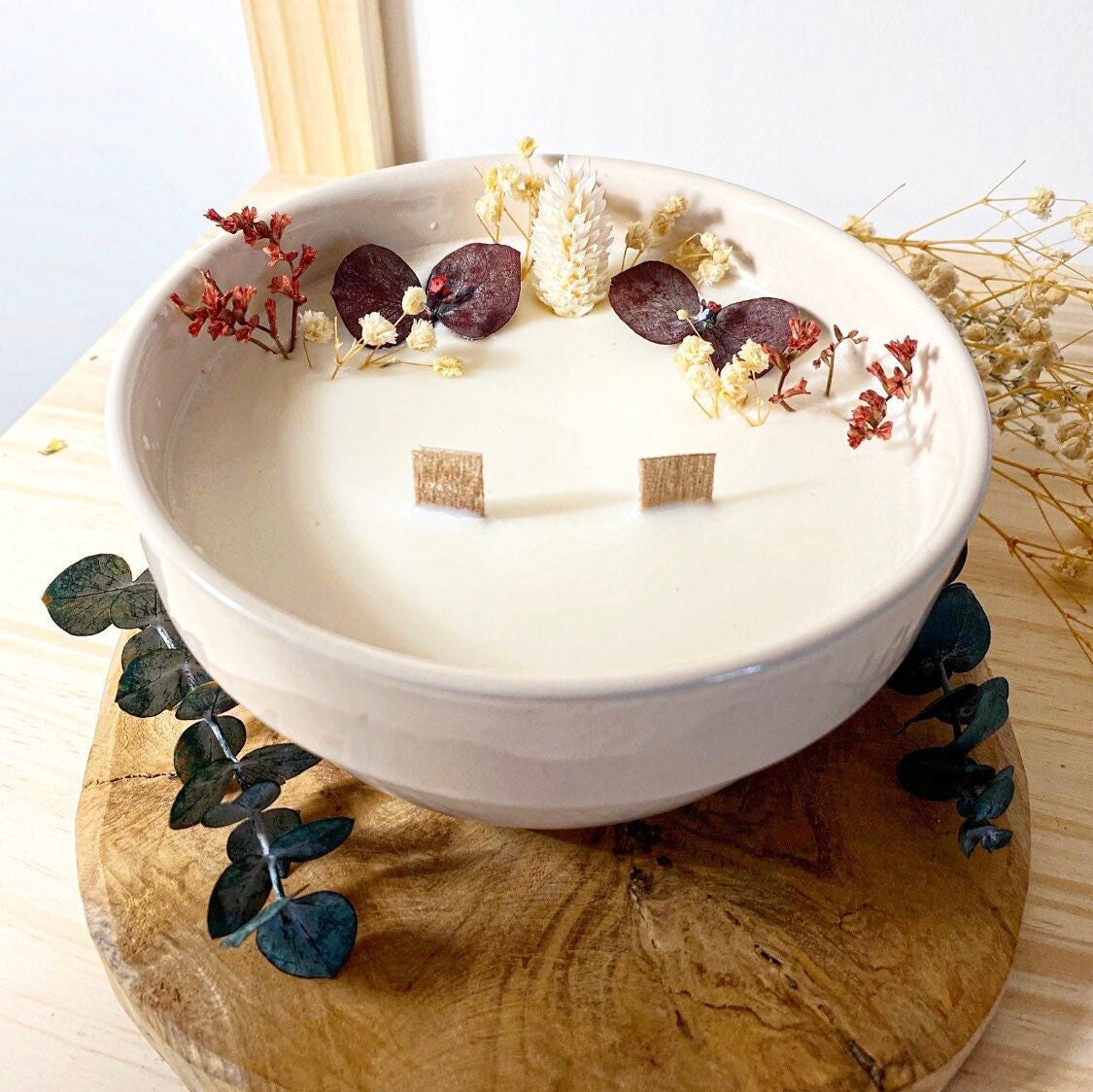 Grande Bougie Artisanale - Beige Cire de Soja Fleurs Séchées Parfum Fleur Sakura