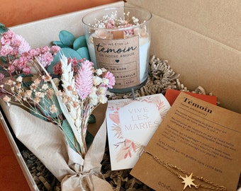 Box spéciale - Témoin de mariage - Bougie naturelle, bijou & bouquet  - Cire de soja - Fleurs séchées - Cadeau copine, témoin, soeur