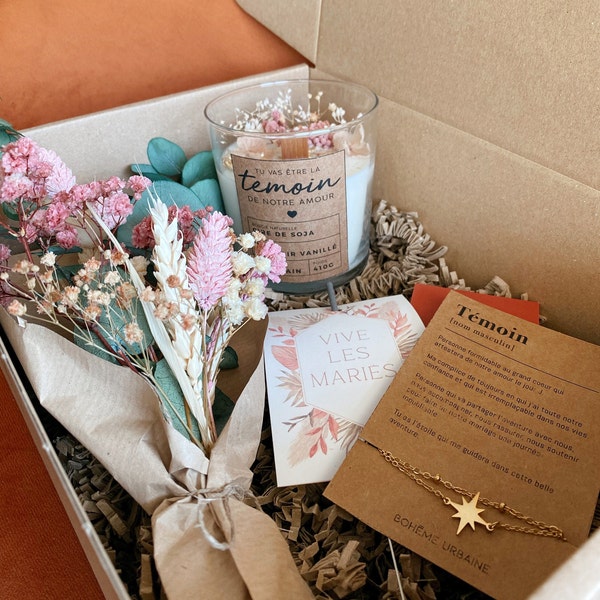 Box spéciale - Témoin de mariage - Bougie naturelle, bijou & bouquet  - Cire de soja - Fleurs séchées - Cadeau copine, témoin, soeur