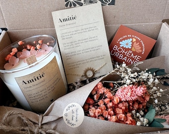 "Friendship" Box for a girlfriend - Natural candle & stainless steel bracelet - Soy wax - Preserved flowers - Birthday gift - Gift box