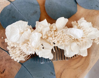 Peigne en fleurs séchées beige - Hortensias blanche - Coiffure mariage, baptême, cérémonies