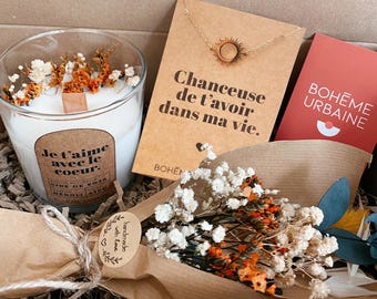 Friendship Box - Natural Candle & Jewelry - Soy Wax - Dried Flowers - Gift Set, Birthday Gift - Gift Box