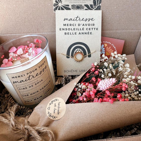 Box Maîtresse - Bougie naturelle & bijou - Cire de soja - Fleurs séchées - Remerciement maîtresse école, fin d'année - Boîte cadeau