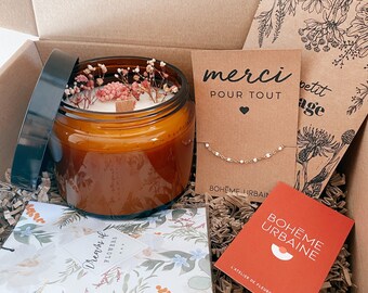 Box Ambre - Bougie naturelle & bijou - Cire de soja - Fleurs séchées - Coffret cadeau, cadeau anniversaire - Boîte cadeau, Merci pour tout