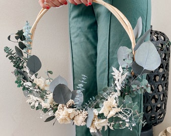 Cerceau en osier & fleurs stabilisées - Bouquet de mariée - Eucalyptus, hortensias, gypsophile