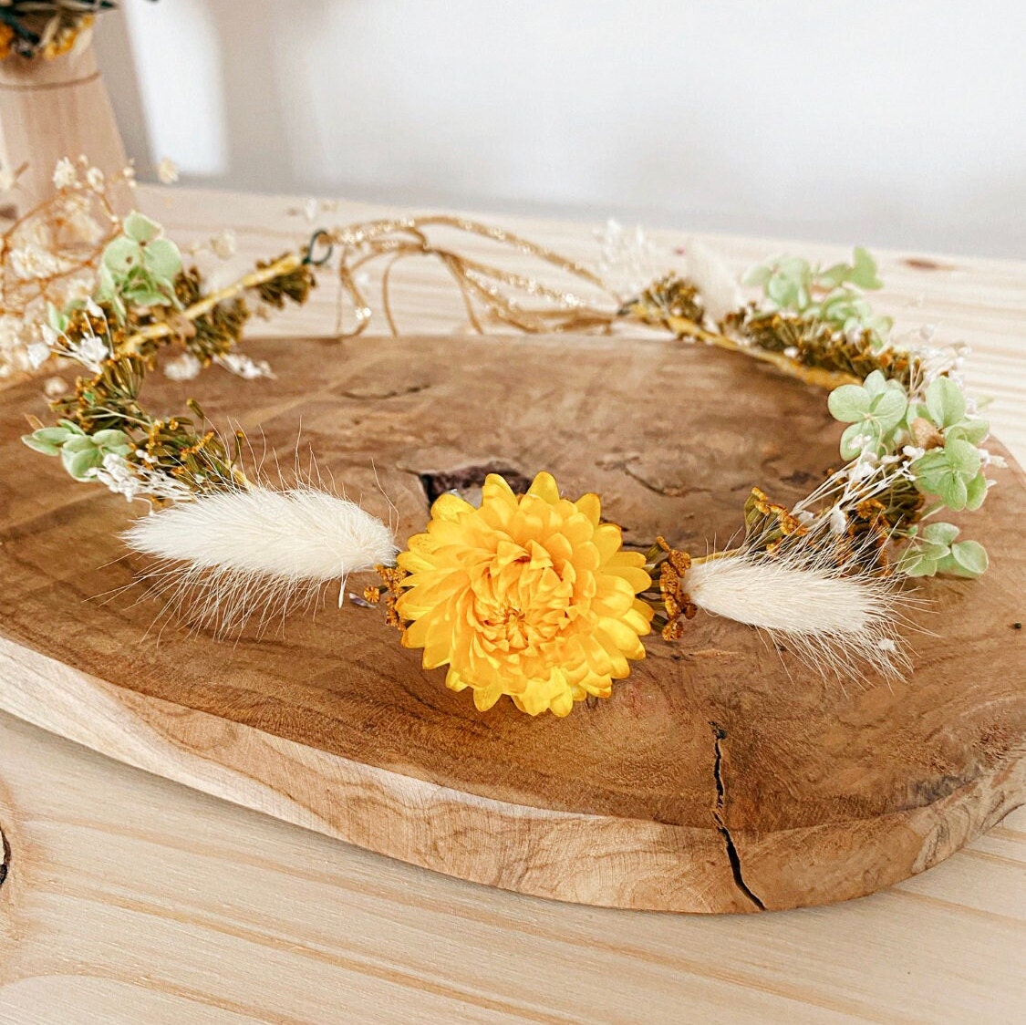 Couronne de Fleurs Séchées Bohème - Hortensias & Ornement Jaune Couronne Mariage, Couronne Cérémonie