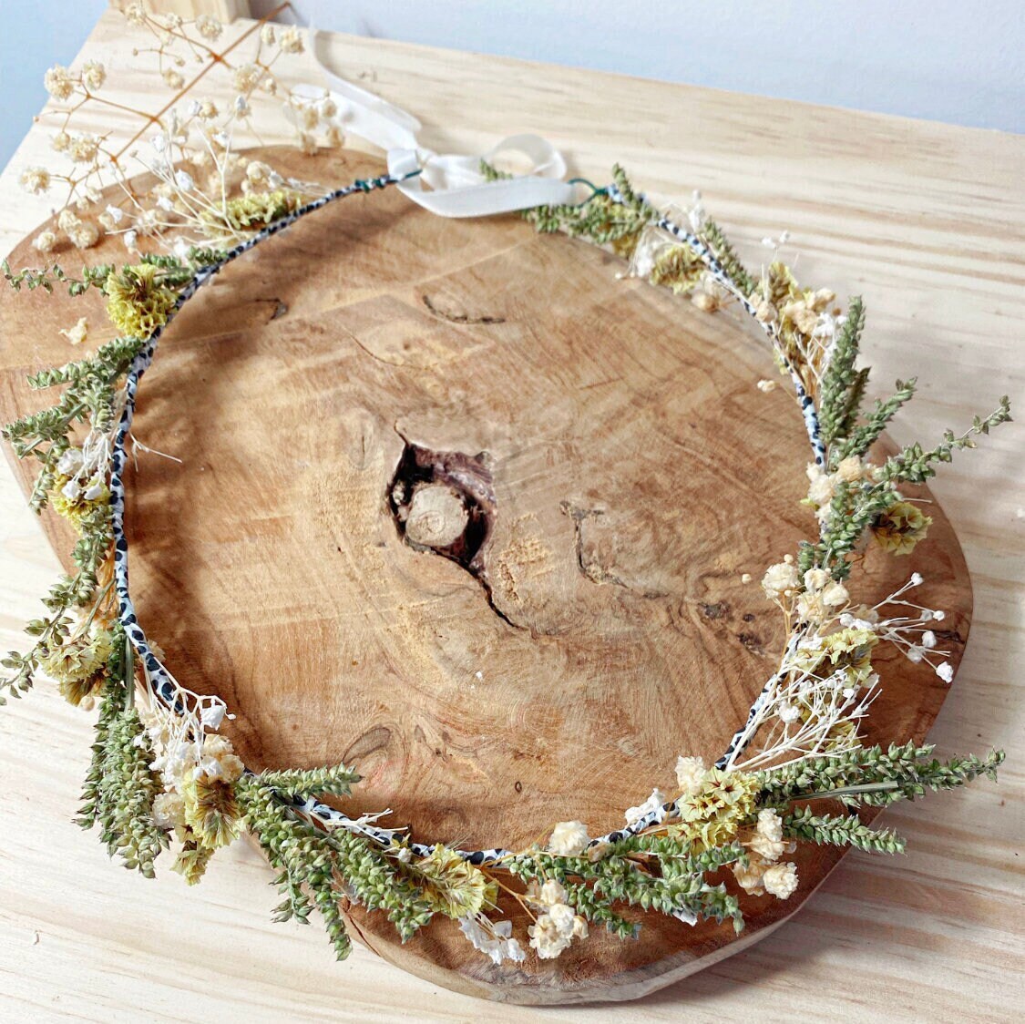 Couronne de Fleurs Séchées Champêtre - Beige & Verte Couronne Mariage, Couronne Cérémonies