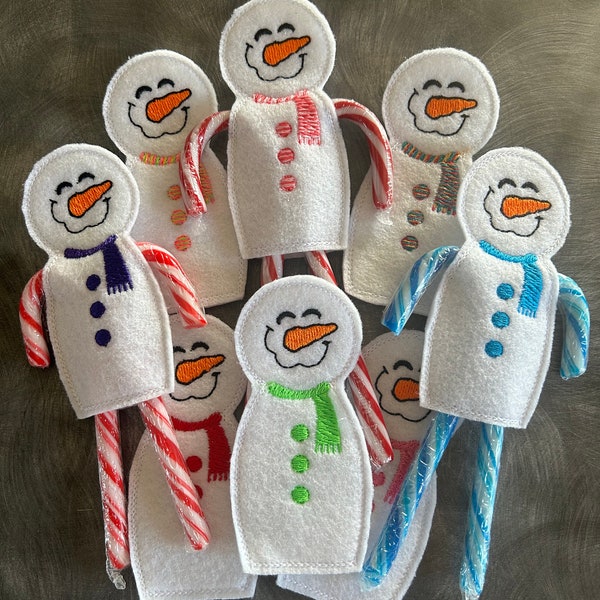 Happy snowman candy cane holders! Scarf and buttons match in your choice of color! Great New Year party favor or stocking stuffer!