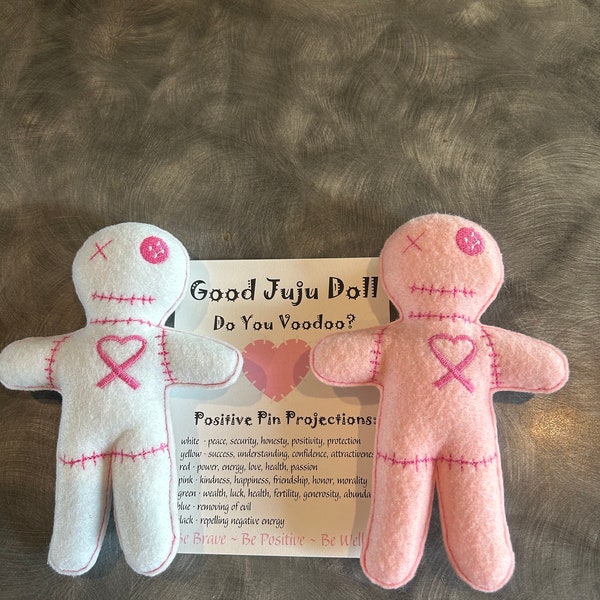 Breast Cancer Ribbon Large Good Juju Voodoo doll with heart positivity pin Dammit doll Good karma doll.