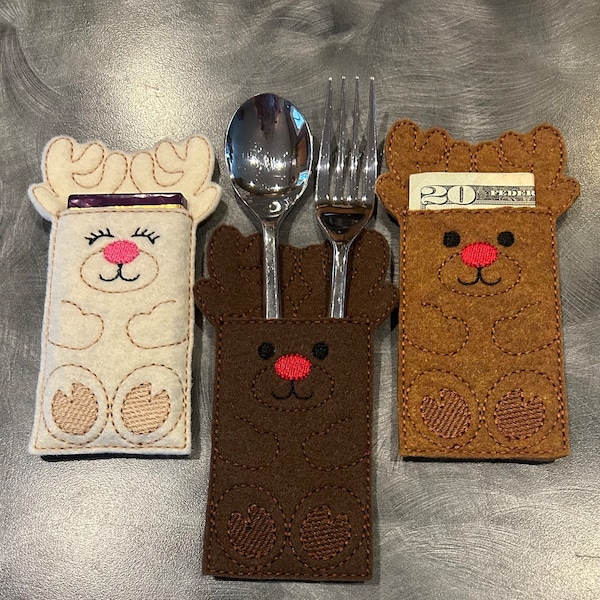 Cute reindeer sleeves! Fun table place setting! Perfect as a money holder gift or stocking stuffer! Choose color boy or girl