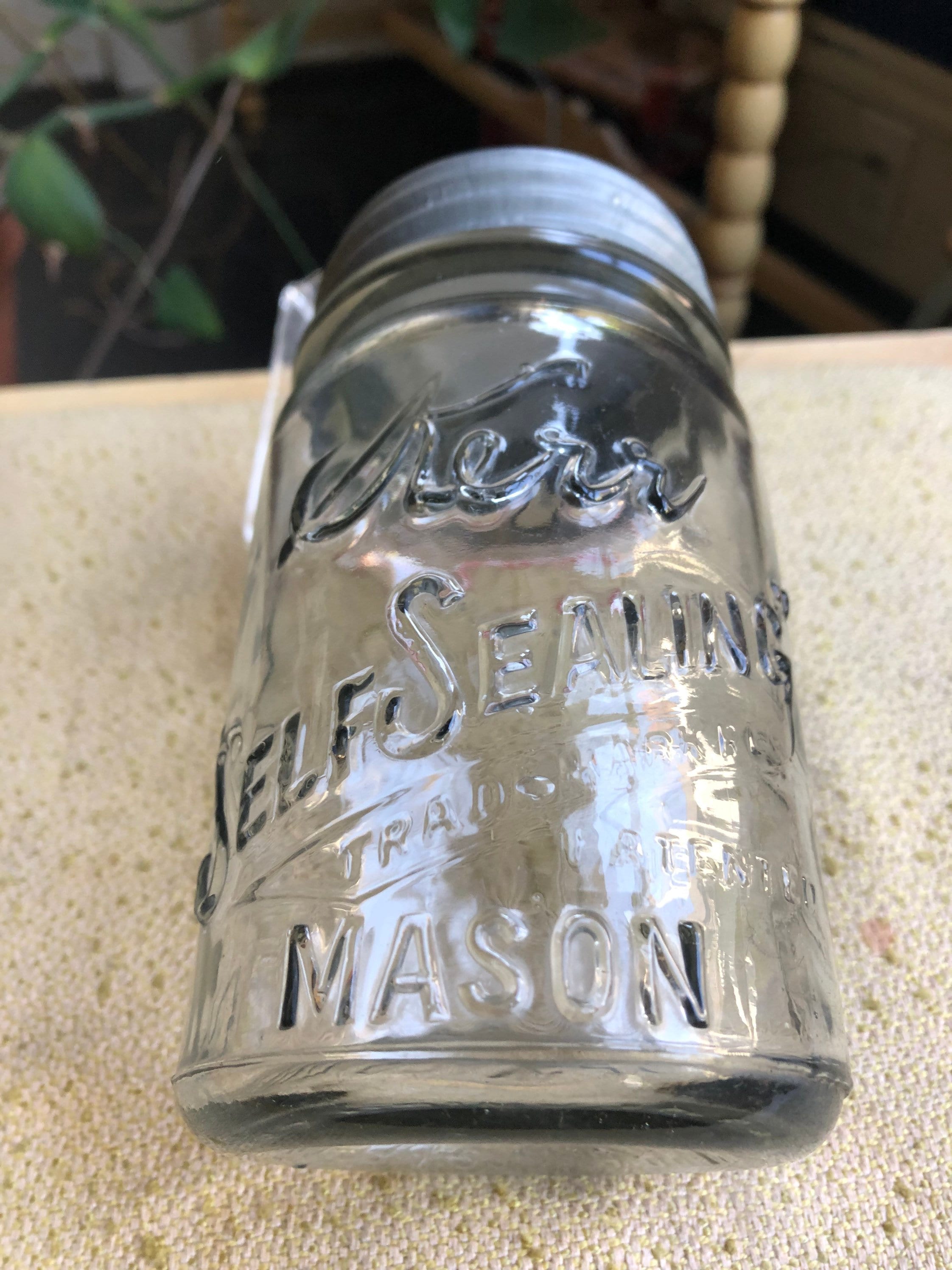 vintage wide mouth Mason jar 1915 patent date Kerr quart jar w/ heavy  embossed lettering