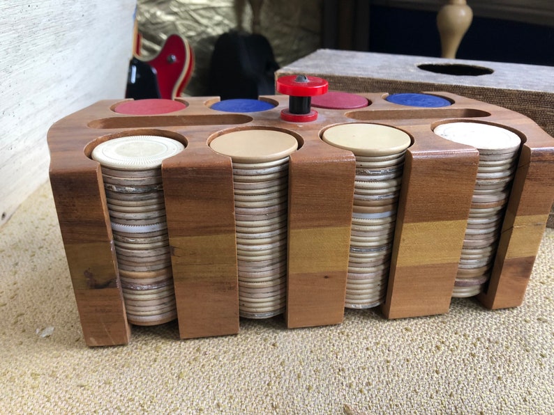 Vintage Poker Chip Caddy W/ Assorted Vintage Chips Wood Etsy