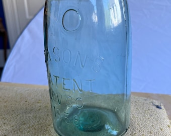Beautiful Antique Blue Glass Quart Mason Jar - Mason’s Patent Nov 30 1858 - BUBBLE!!