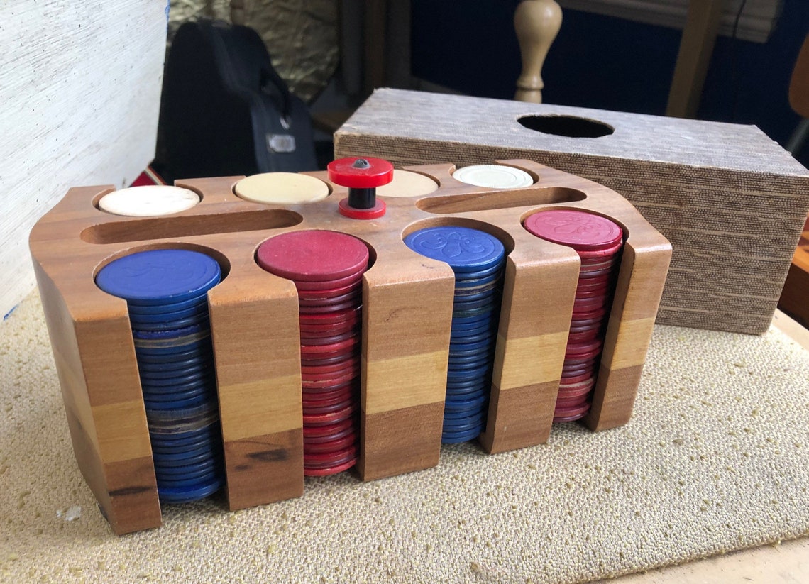 Vintage Poker Chip Caddy W/ Assorted Vintage Chips Wood Etsy