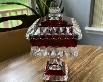 Vintage Westmoreland Ruby Red Flash Glass Covered Wedding Box Candy Dish Compote, Large 10” tall Lidded Vase