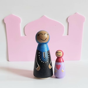 Poupée mère et enfant / Poupée musulmane / Mère musulmane et bébé / Poupée peg / Poupée en bois / Figurine mère et bébé / Correspondance mère bébé / Nouveau parent Maman