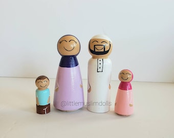 Custom Family Set Simple Streamlined Peg Doll Personalized Muslim Doll Islam Hajj Ramadan Eid Wood People