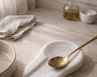 Handmade White Marble Spoon Rest – Elegant Kitchen Decor, Gift for Home Chef