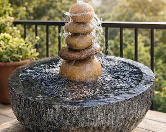 Natural Marble Stone Water Fountain, Stacked Pebble Zen Cairn Feature