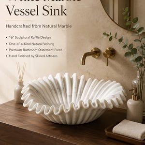 May include: A white marble vessel sink featuring a sculptural ruffle design and natural veining. The text reads: Luxury White Marble Vessel Sink, Handcrafted from Natural Marble, 16" Sculptural Ruffle Design, One-of-a-Kind Natural Veining, Premium Bathroom Statement Piece, Hand Finished by Skilled Artisans, Rameshwaram Marble, Timeless Marble Craftsmanship.