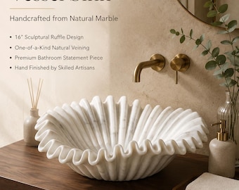 Luxury White Marble Ruffle Vessel 16 Inch | Handcrafted Bathroom Basin | Scalloped Sink