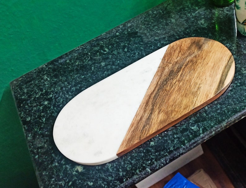 Cheese Board Marble & Wood Serving Board Bold Design Charcuterie Meal Prep Housewarming Gift At Home Chef Gifts for Him 11inch Oval