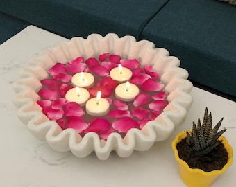 Handcrafted White Marble Urli Bowl – Elegant Stone Centerpiece