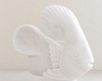 Hand Carved White Marble Fish Sculpture | Feng Shui Decor