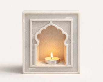 White Marble Mughal Jharokha Tealight Holder, Handcarved Wall Niche
