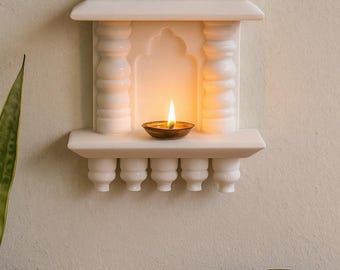 Handcarved White Marble Temple Lamp Niche | Wall Hanging Tealight Holder | Pooja Room Decor | Handmade Spiritual Home Accent Gift