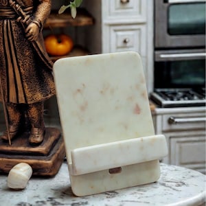 Suporte para livros de receitas em mármore – Suporte para livros em pedra branca para cozinha | Suporte para receitas artesanal e expositor para tablet para bancada