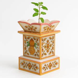 Handcrafted White Marble Tulsi Planter | Sacred Indoor Outdoor Pooja Pot | Traditional Holy Basil Plant Stand | Indian Marble Garden Decor