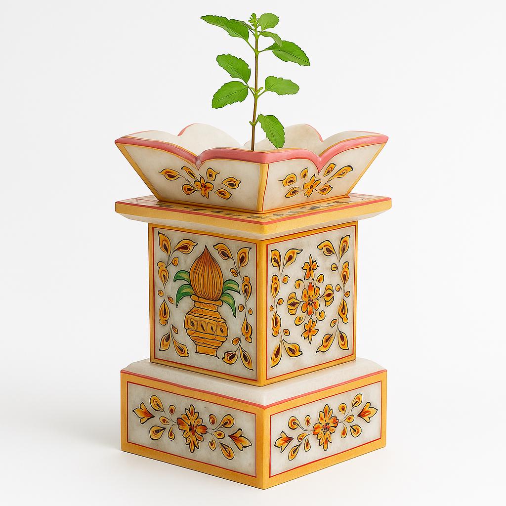 Handcrafted White Marble Tulsi Planter | Sacred Indoor Outdoor Pooja Pot | Traditional Holy Basil Plant Stand | Indian Marble Garden Decor