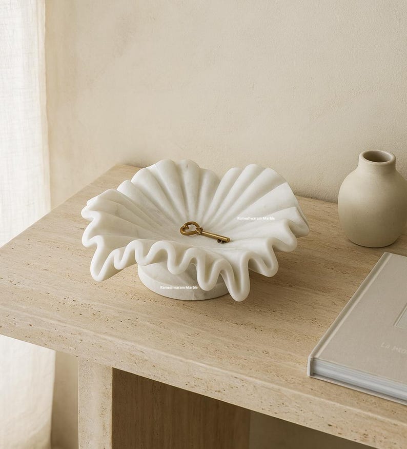 Handcrafted White Marble Bowl – 10-Inch Modern Catchall Dish image 1