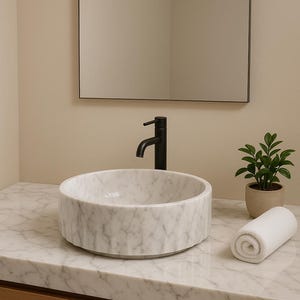 Round Marble Wash Basin | Handmade White Stone Sink for Bathroom Vanity | Luxury Marble Tabletop Basin | Natural Spa Bathroom Decor