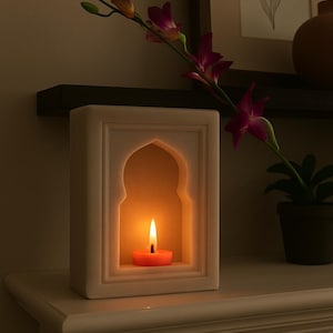 Handcrafted White Marble Mughal Lamp Niche – 7&quot; Arch Candle Holder | Indian Table Decor | Traditional Home Accent | Gift Idea