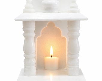 White Marble Diya Holder, Handcarved Temple Wall Niche, Tealight Candle Sconce
