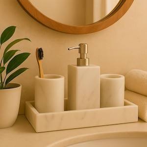 Luxury White Marble Bathroom Accessories Set | 4-Piece Handmade Vanity Decor | Soap Dispenser, Toothbrush Holder, Tumbler & Tray