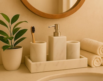 Luxury White Marble Bathroom Accessories Set | 4-Piece Handmade Vanity Decor | Soap Dispenser, Toothbrush Holder, Tumbler & Tray