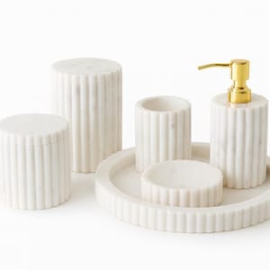 Handmade White Marble Bathroom Accessories Set – 6-Piece Stone Vanity Decor