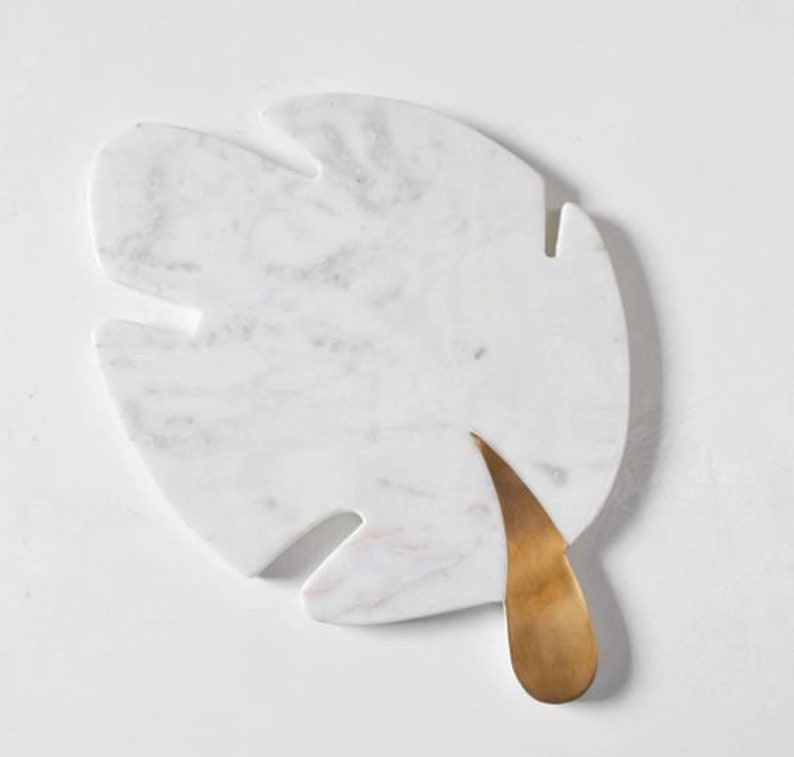 Cheese Board Marble & Wood Serving Board Bold Design Charcuterie Meal Prep Housewarming Gift At Home Chef Gifts for Him White Leaf