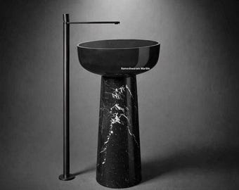 Black Marble Pedestal Basin | 30 Inch Handcrafted Stone Bathroom Sink Decor