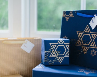 Set of 3 Gift Wrap - Dazzling Blue and Gold Star of David Hanukkah (Chanukah) Wrapping Paper Roll (Set of 2 XL Sheets)